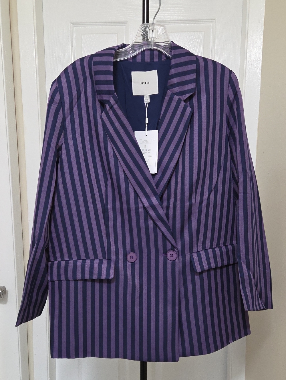 NWT ICHI Purple Stripe Double-Breasted Blazer Lightweight Tailored Career Office - Picture 2 of 8